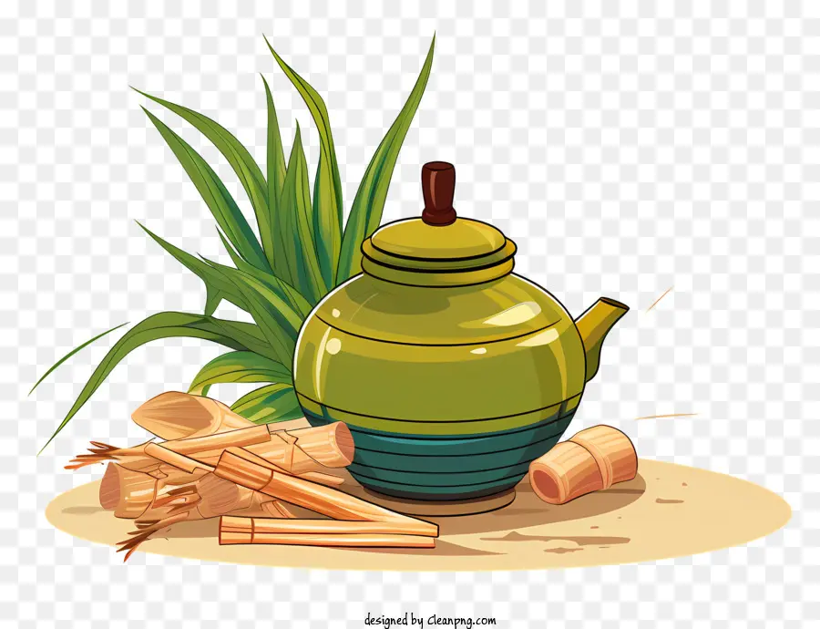 Tetera，Olla Verde Con Caña De Azúcar PNG