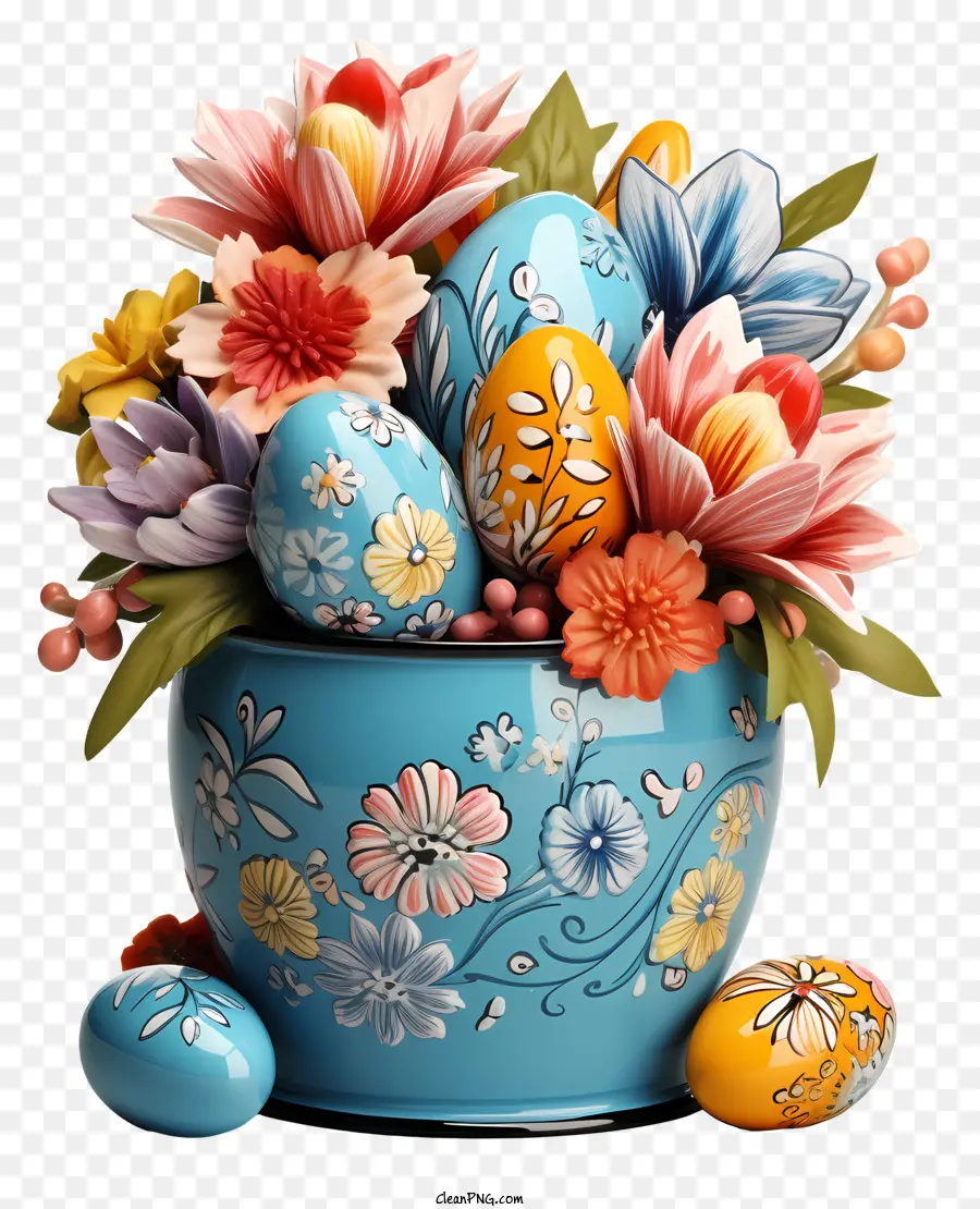 Florero Azul，Huevos De Pascua En Cesta PNG