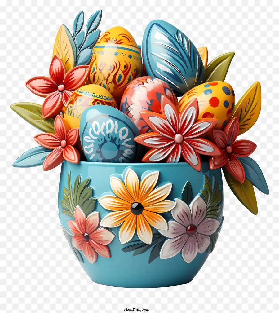 Florero Azul，Huevos De Pascua En Cesta PNG