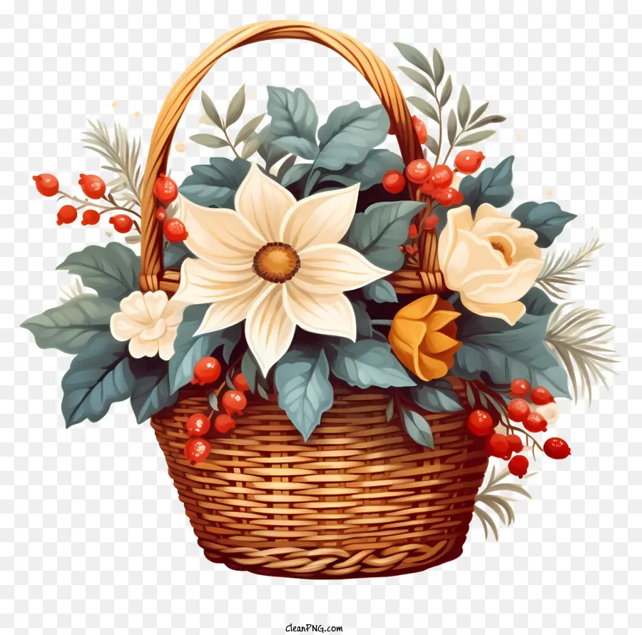 Ilustración De Vector Plano Minimalizado，Canasta De Flores De Navidad PNG