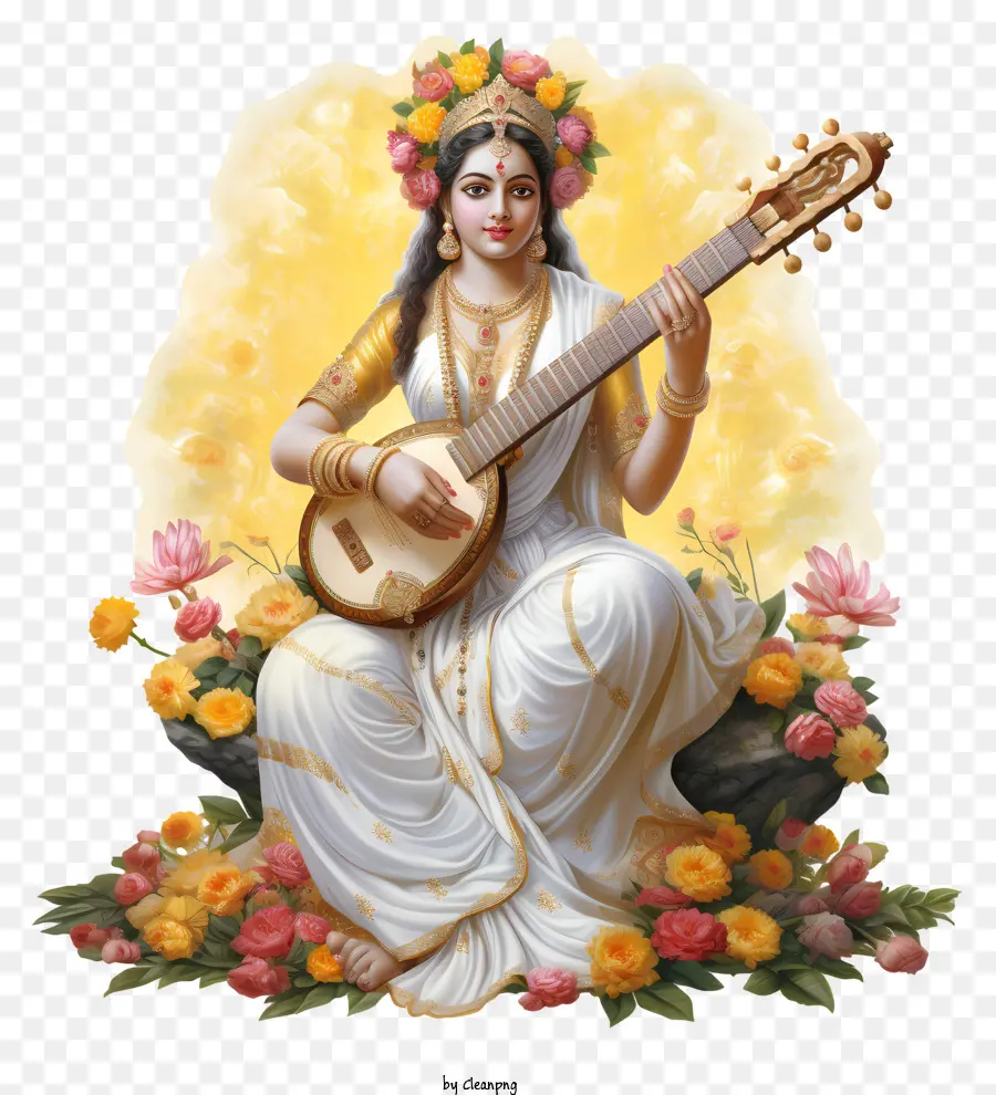 Vasant Panchami，Diosa Con Instrumento PNG