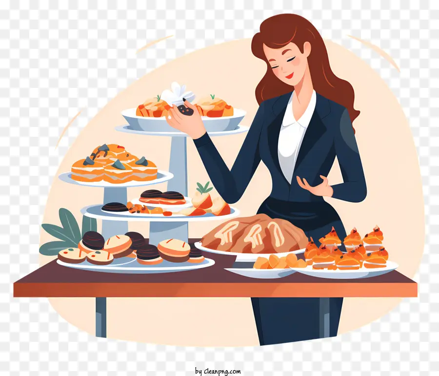 Día De Bufé，Mujer En La Mesa De Postres PNG