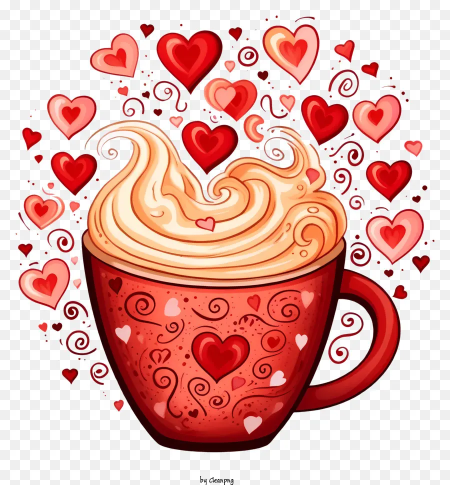 Doodle Café Del Día De San Valentín，Copa Roja Con Corazones PNG