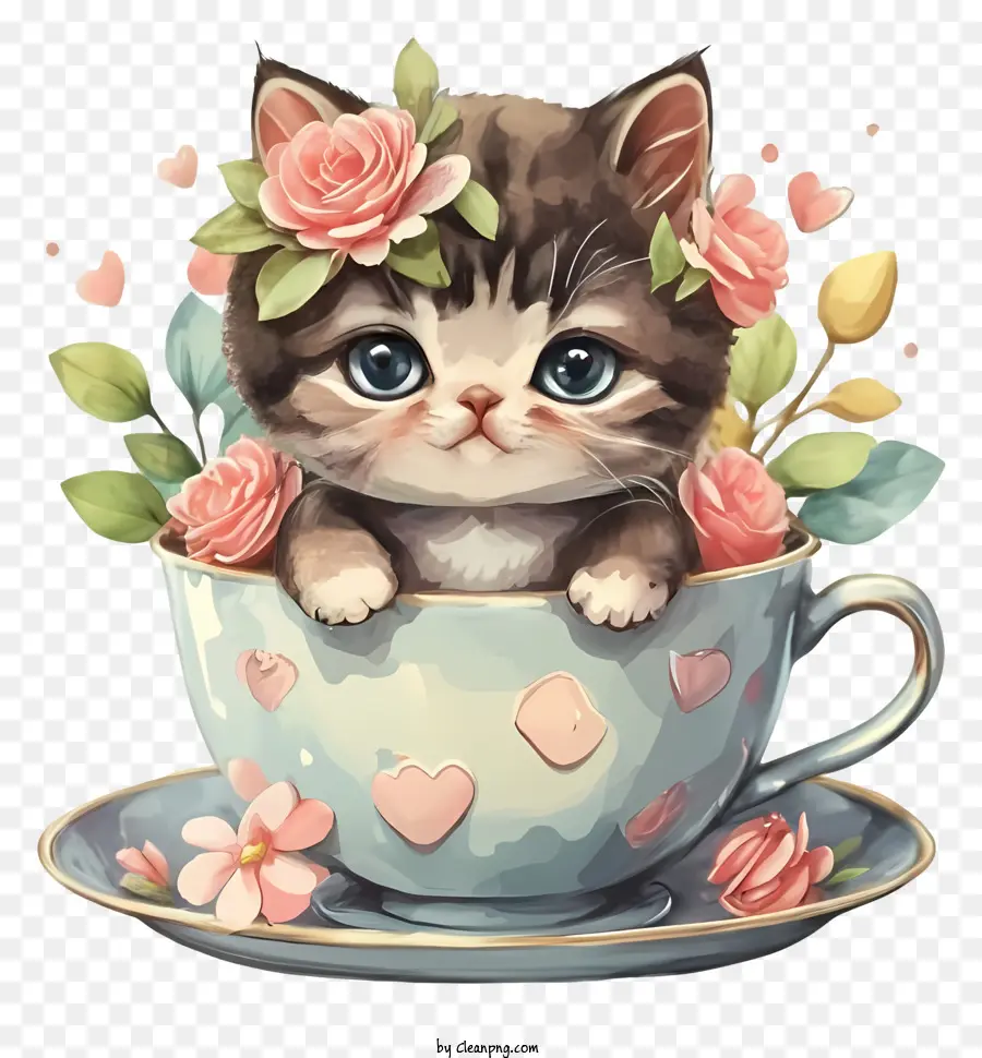 La Historieta，Gatito Sentado En Taza De Té PNG