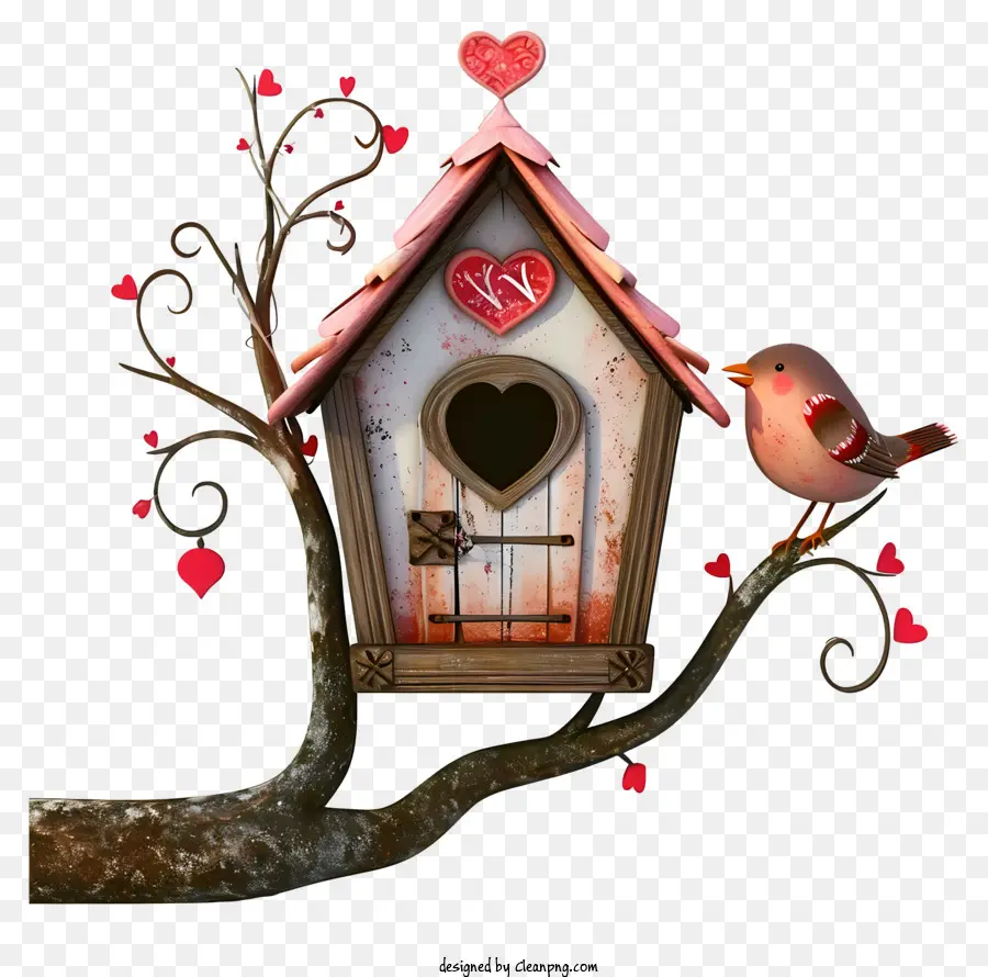 Casa Realista De Pájaros De San Valentín 3d，Pájaro Encaramado En Una Rama De árbol PNG