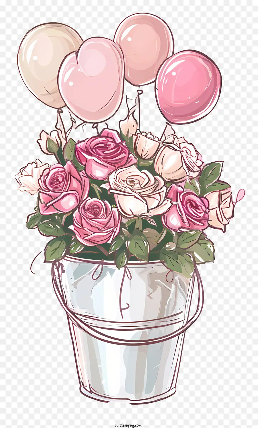 Elementos De San Valentin，Rosas Y Globos En Balde PNG