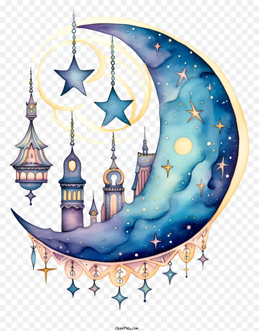 Luna De Acuarela Y Estrella，Pintura De Luna PNG