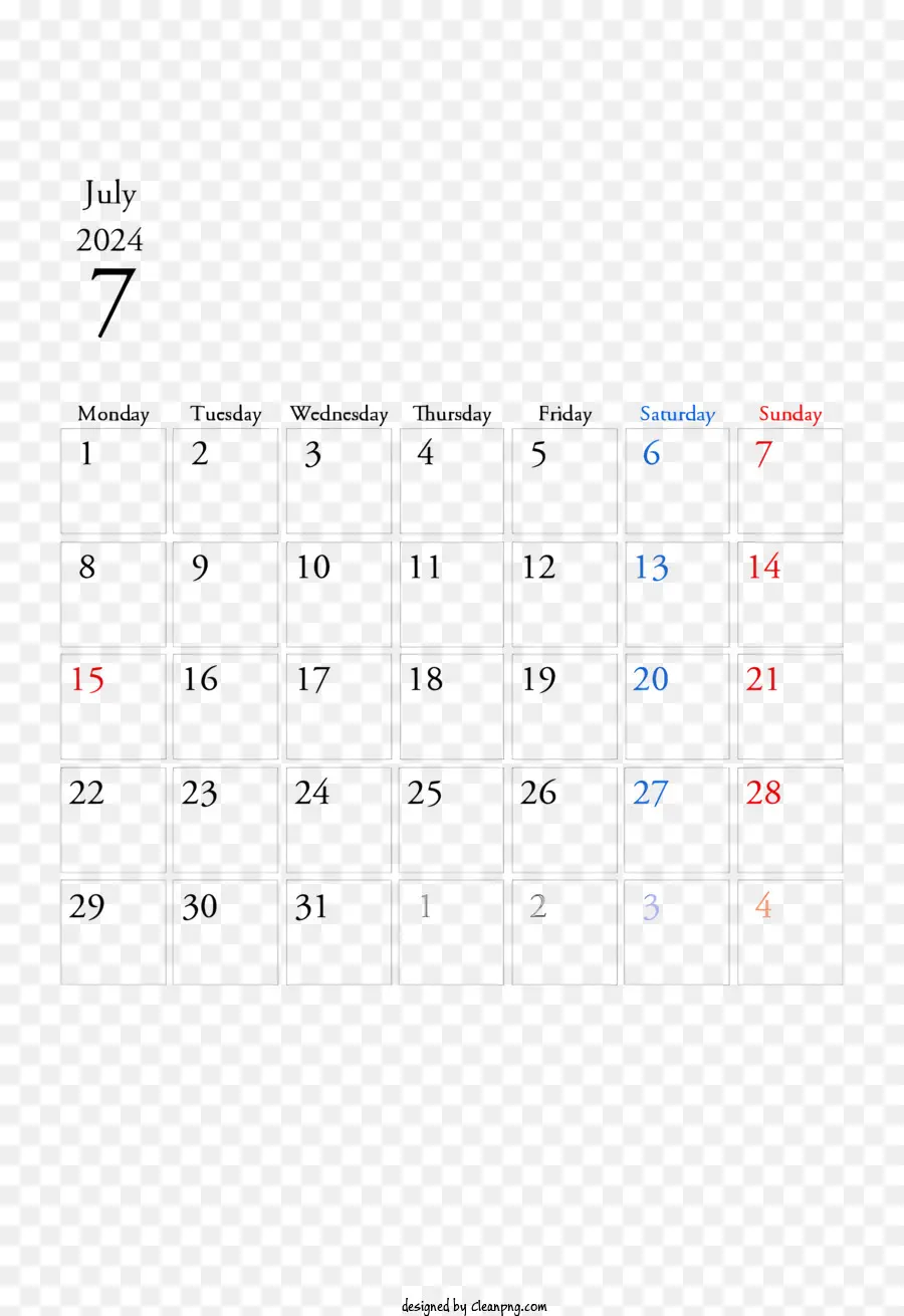 Calendario Julio 2024，Calendario PNG