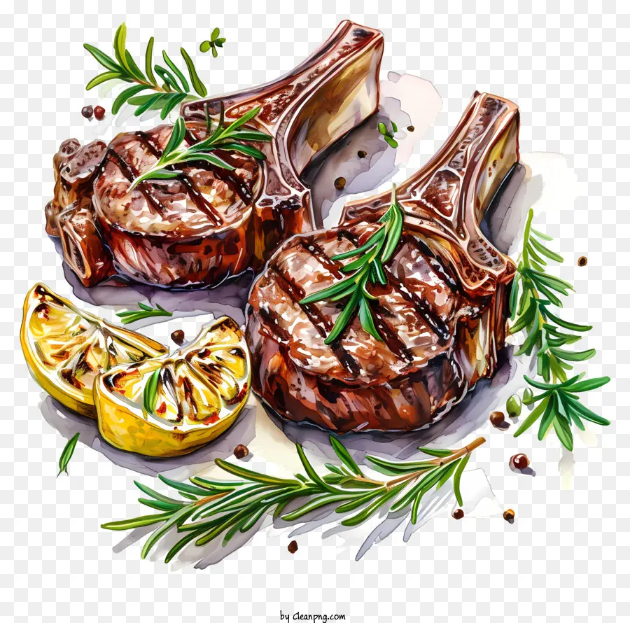 Chuletas De Cordero A La Parrilla，Pintura A La Acuarela PNG