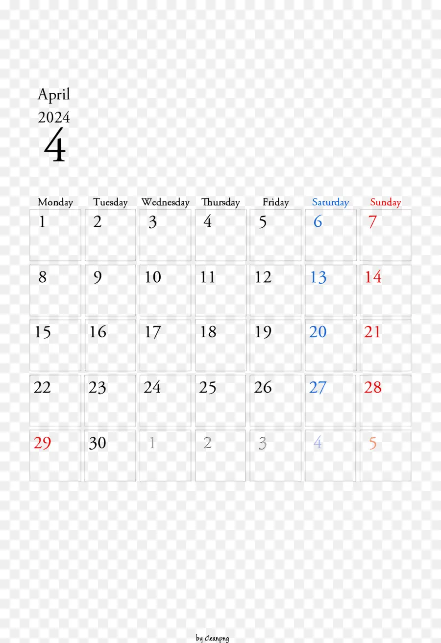 Calendario 2024 De Abril，Calendario Abril 2024 PNG