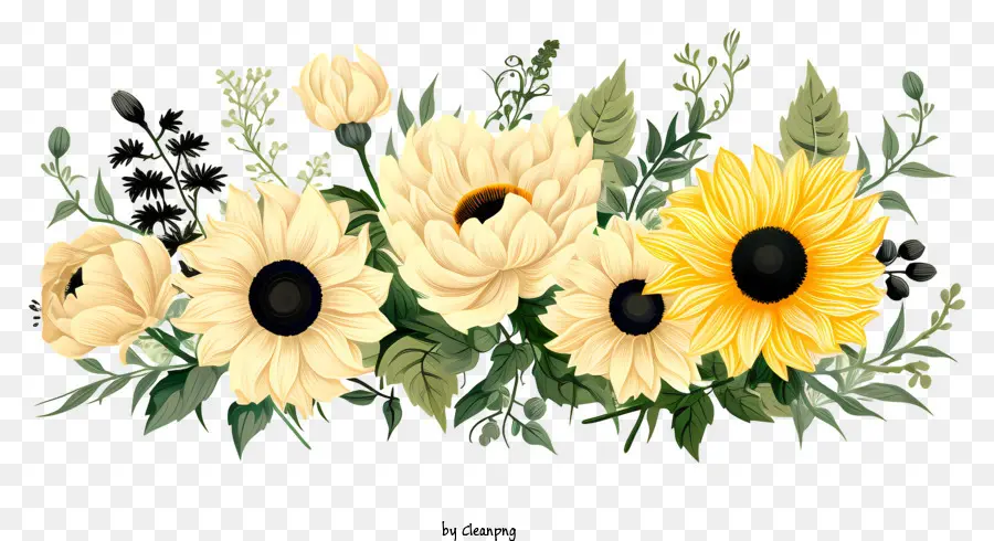 Borde De Flores Estilo Garabato，Los Girasoles PNG