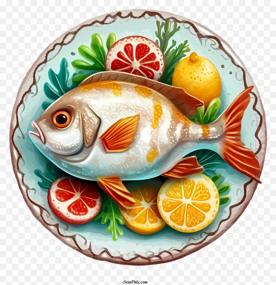 Plato De Pescado De Dibujos Animados，Los Cítricos PNG