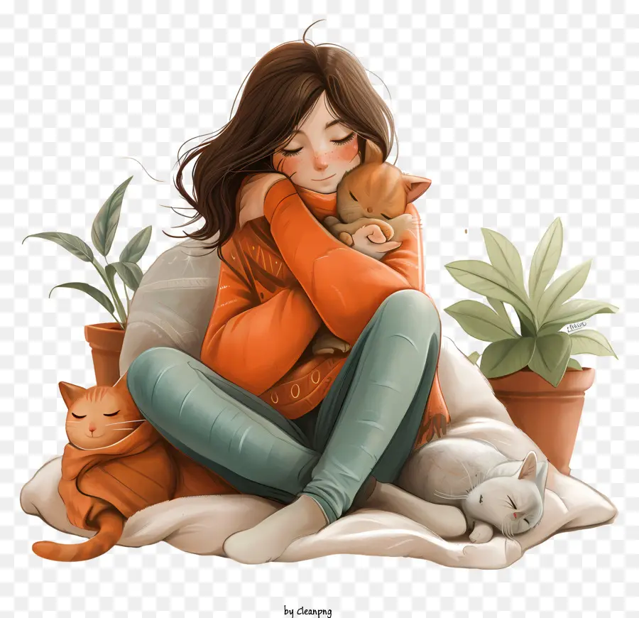 Día Cómodo，Chica Y Gatos PNG