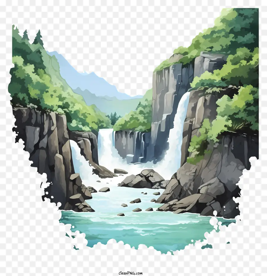 Acuarela De La Cascada，Pintura Digital PNG