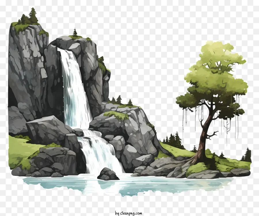 Cascada Estilo Boceto，Pintura De Cascada PNG