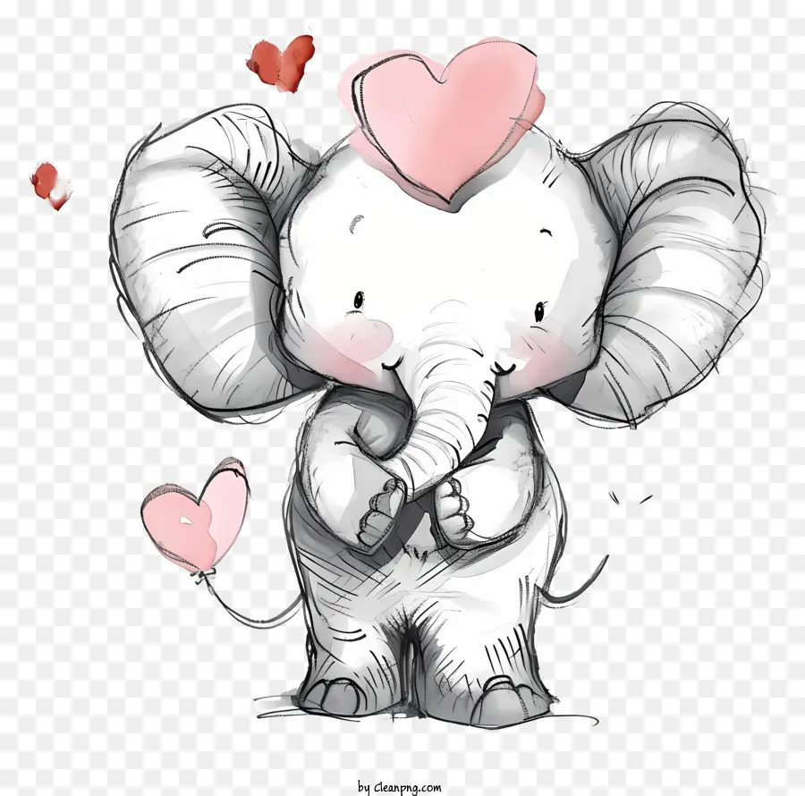 Línea De Boceto De Elefante De San Valentín，Elefante De Corazón PNG