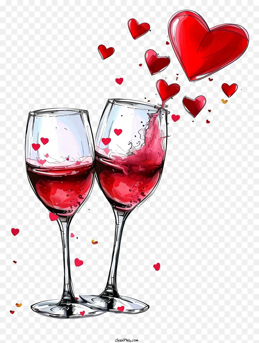 Línea De Dibujo De Copas De Vino De San Valentín，Copas De Vino Con Corazones PNG