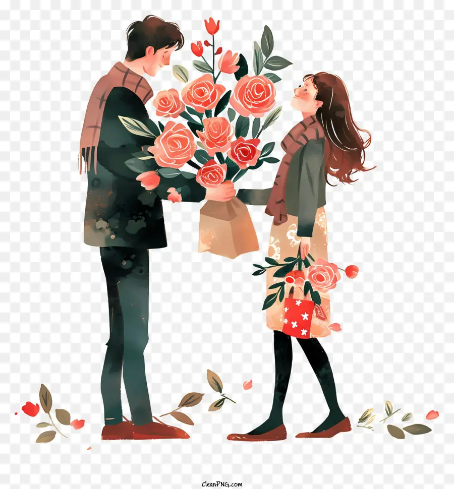 Entrega De Flores，Pareja Con Rosas PNG