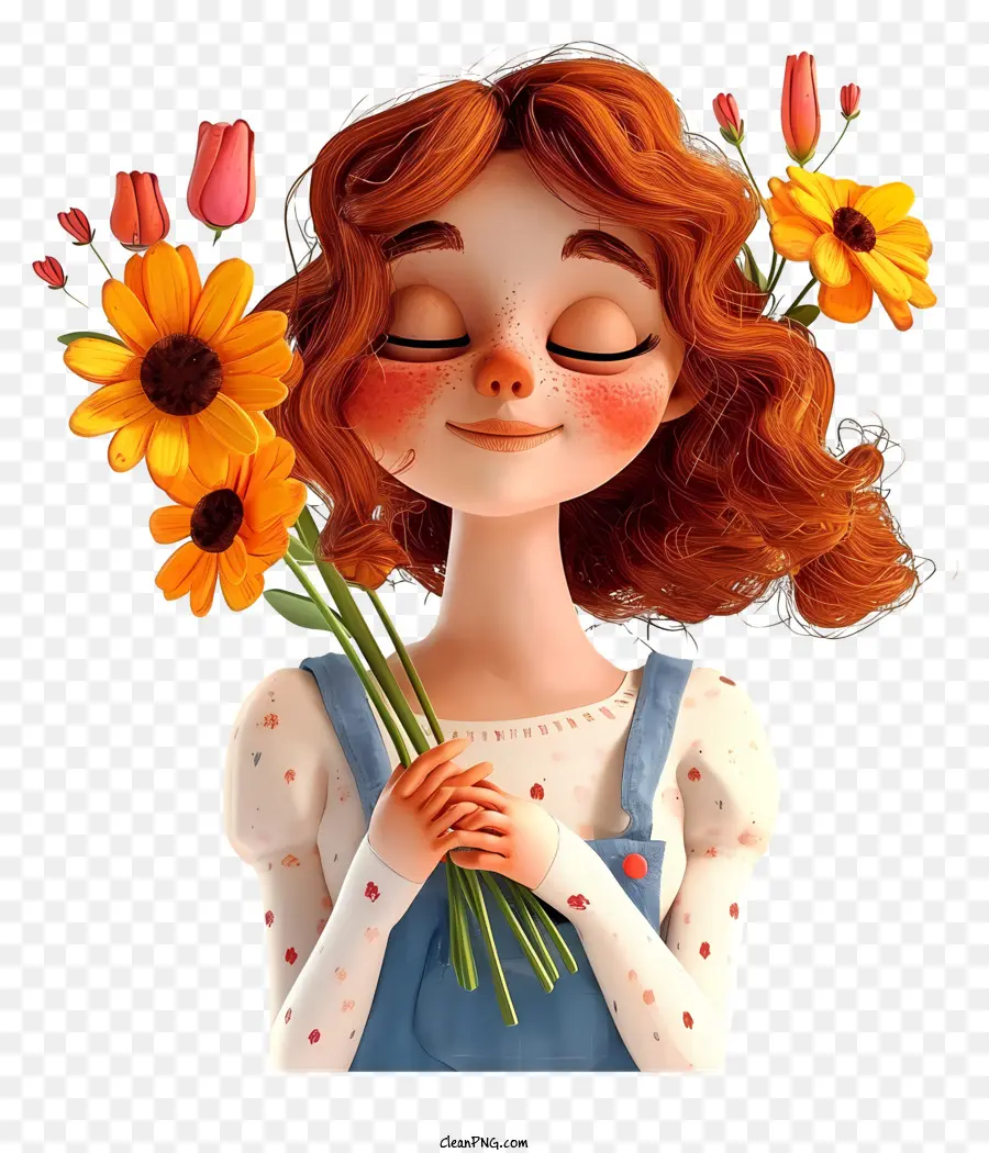 Caricatura 3d Mujer Y Flores，Niña Con Flores PNG