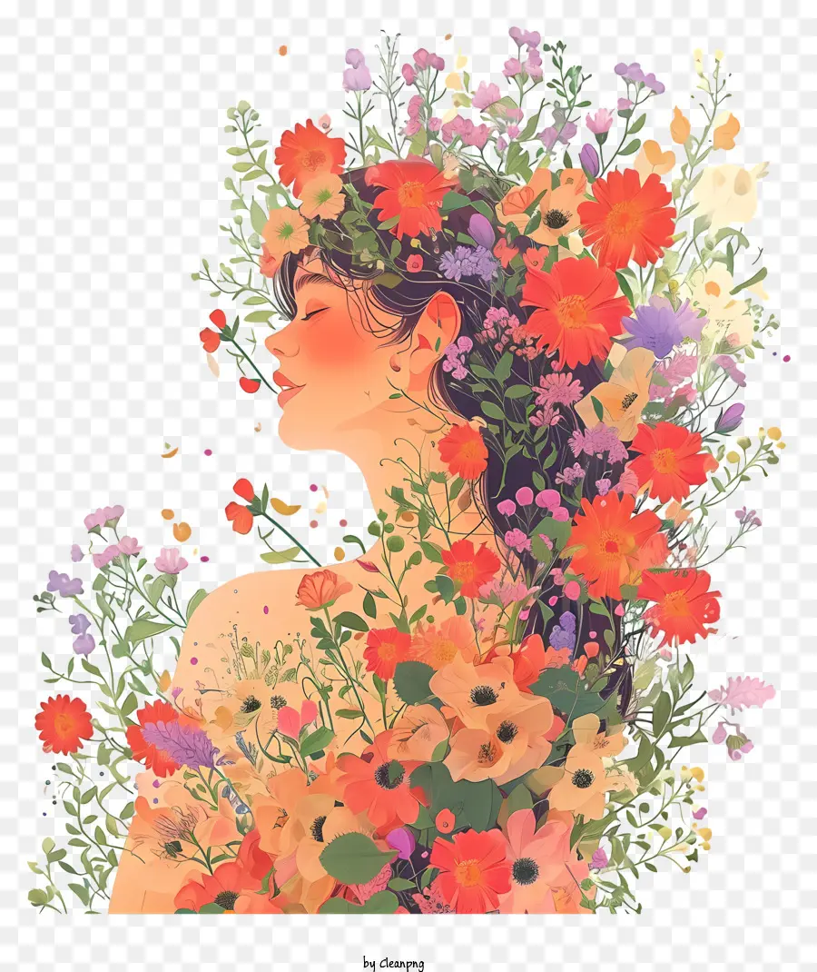 Mujer Y Flores Planas，Mujer Con Cabello Largo Y Rizado PNG