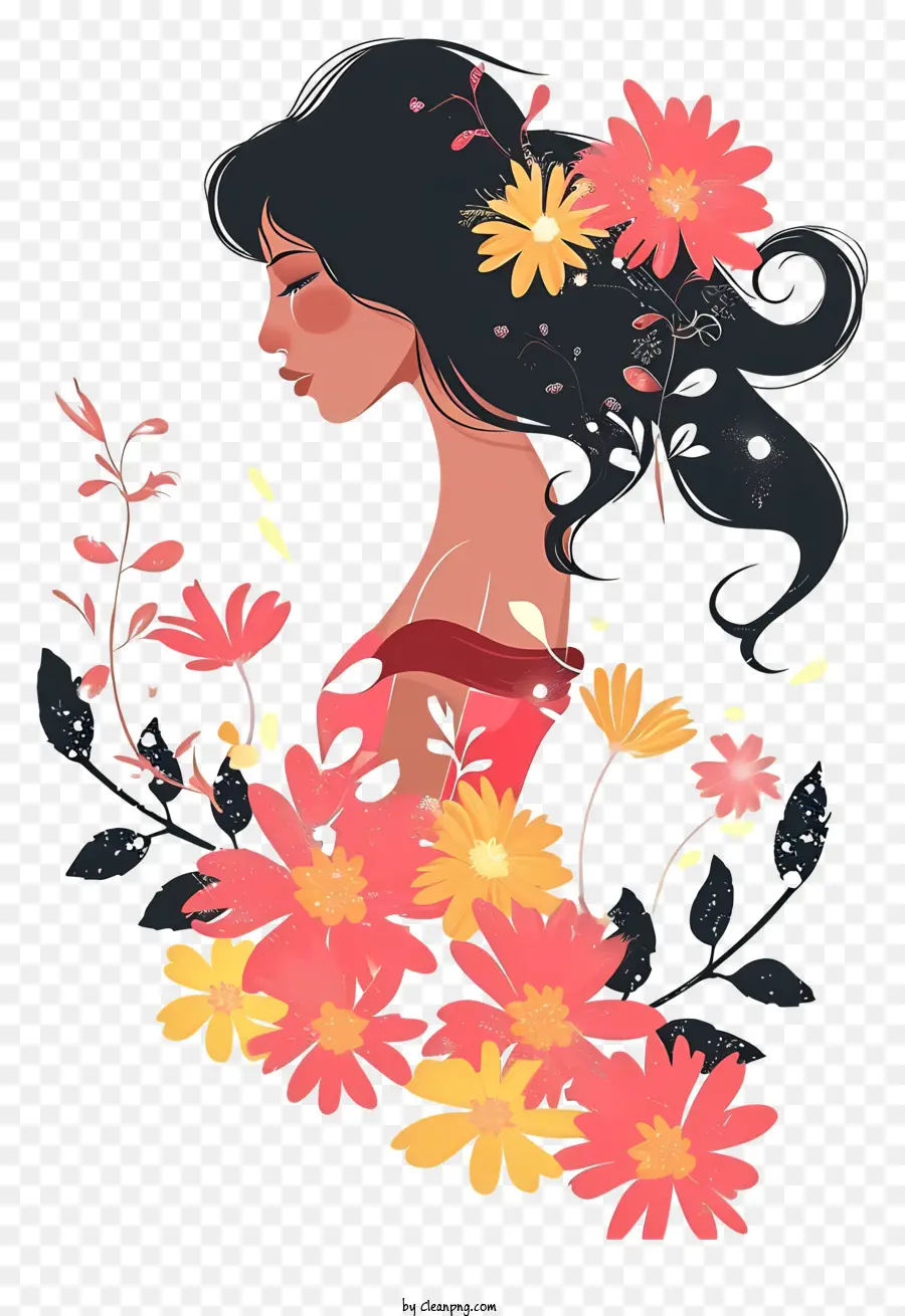 Mujer Y Flores Arte Vectorial Simplista，Chica Con El Pelo Largo Y Negro PNG