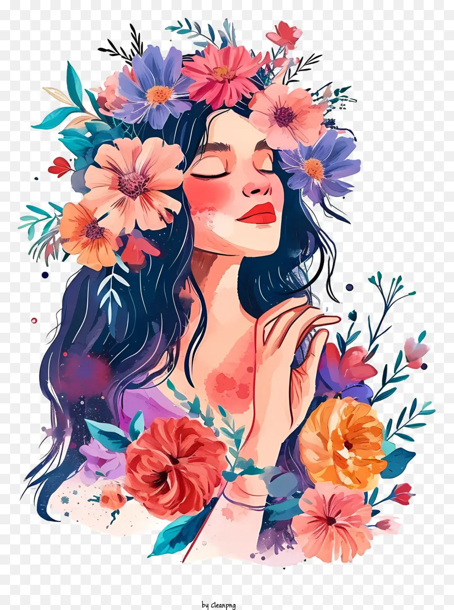 Mujer Acuarela Y Flores，Mujer Con Corona De Flores PNG