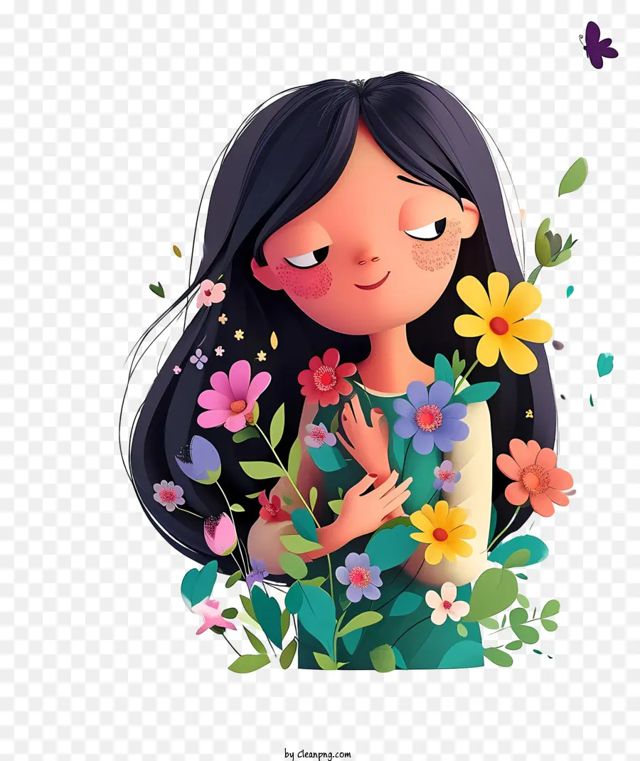 Caricatura 3d Mujer Y Flores，Chica Meditativa PNG