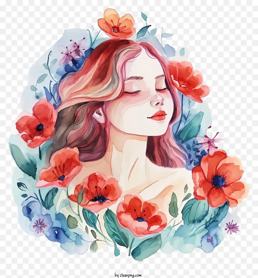 Mujer Acuarela Y Flores，Pintura A La Acuarela PNG