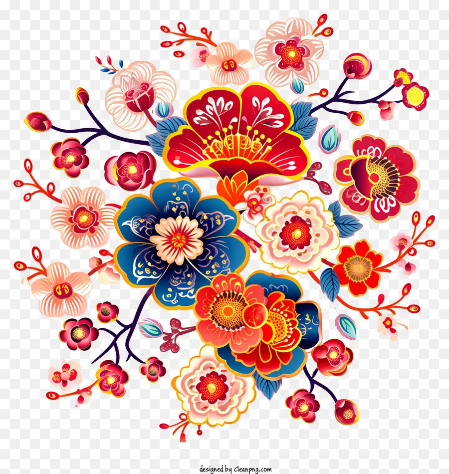 Arte De Flores Del Año Nuevo Chino，Vintage Design PNG