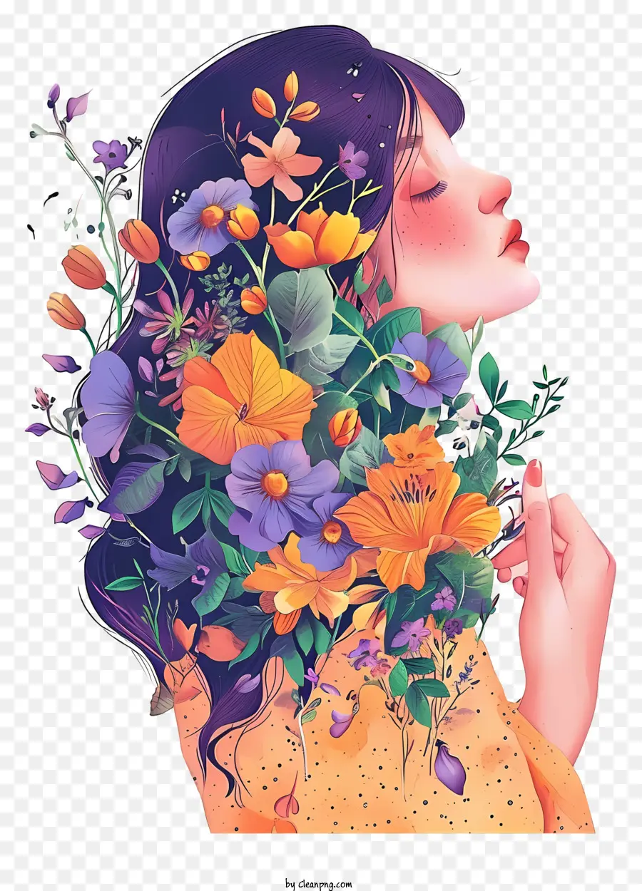 Mujer Y Flores Ilustran，Cara Hermosa PNG