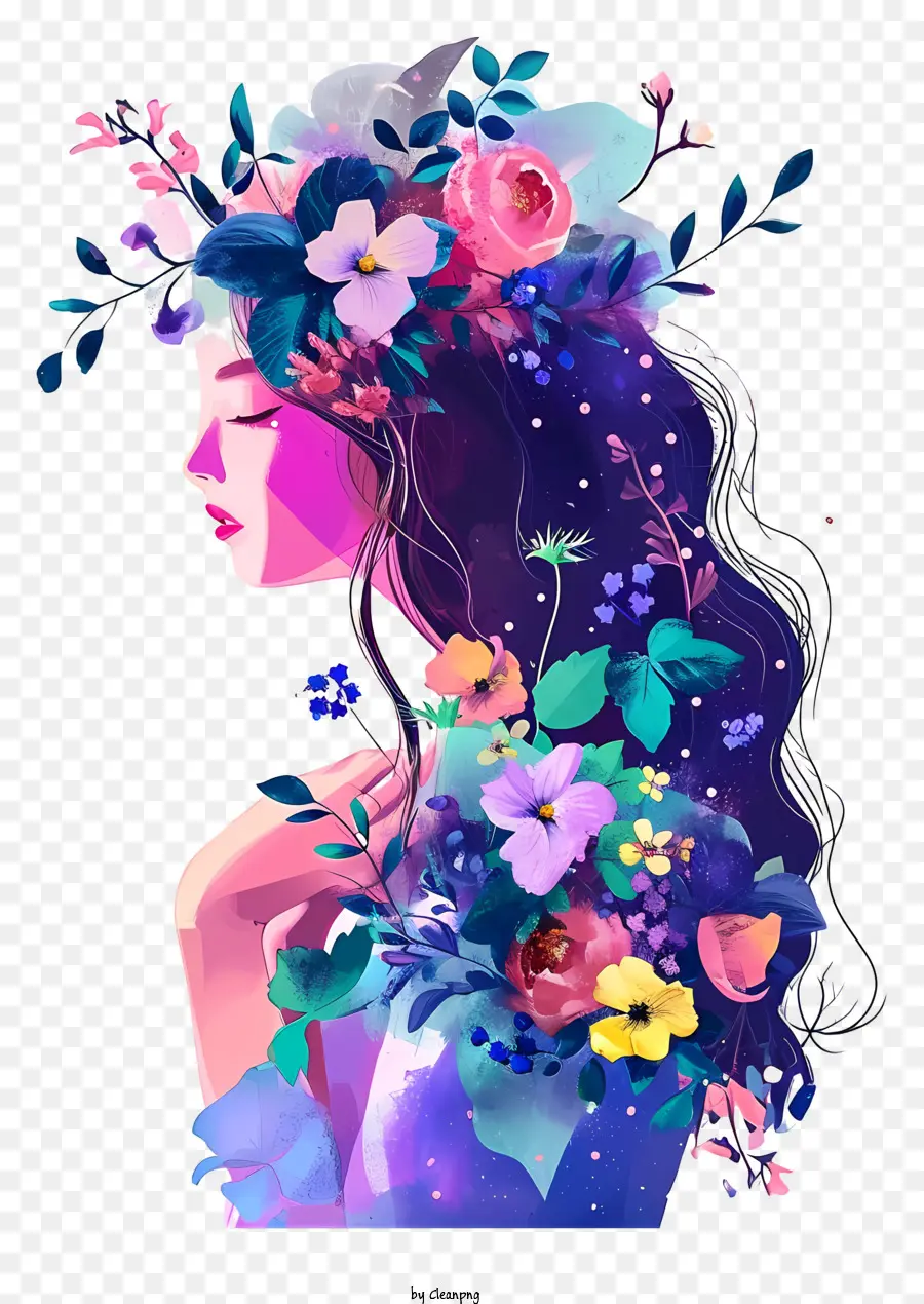 Mujer Y Flores Ilustran，Mujer Con Flores En El Cabello PNG