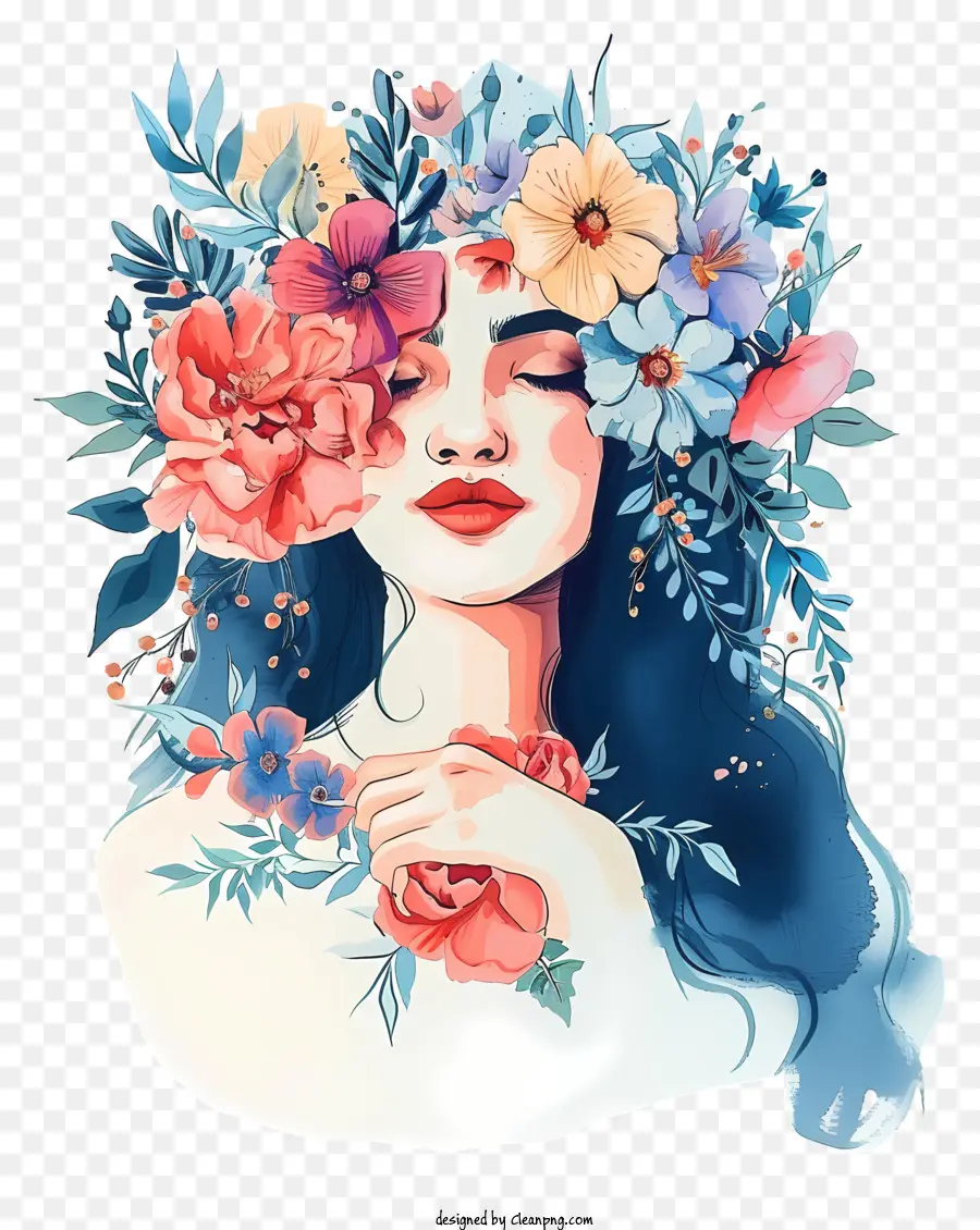 Mujer Acuarela Y Flores，Chica Con El Pelo Largo PNG