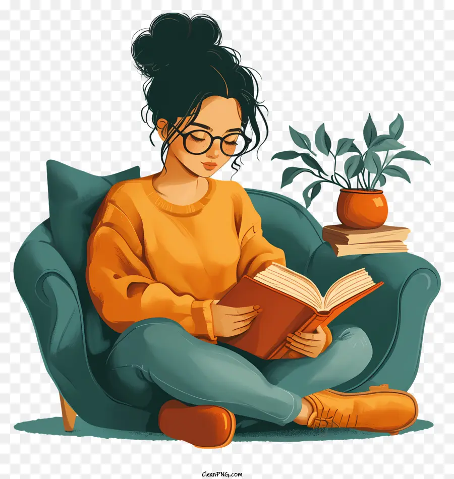 Mujer Leyendo Libro，Ilustración De Dibujos Animados PNG