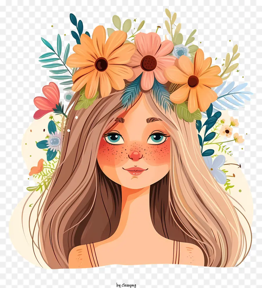 Mujer Y Flores De Dibujos Animados，Chica Con Corona De Flores PNG