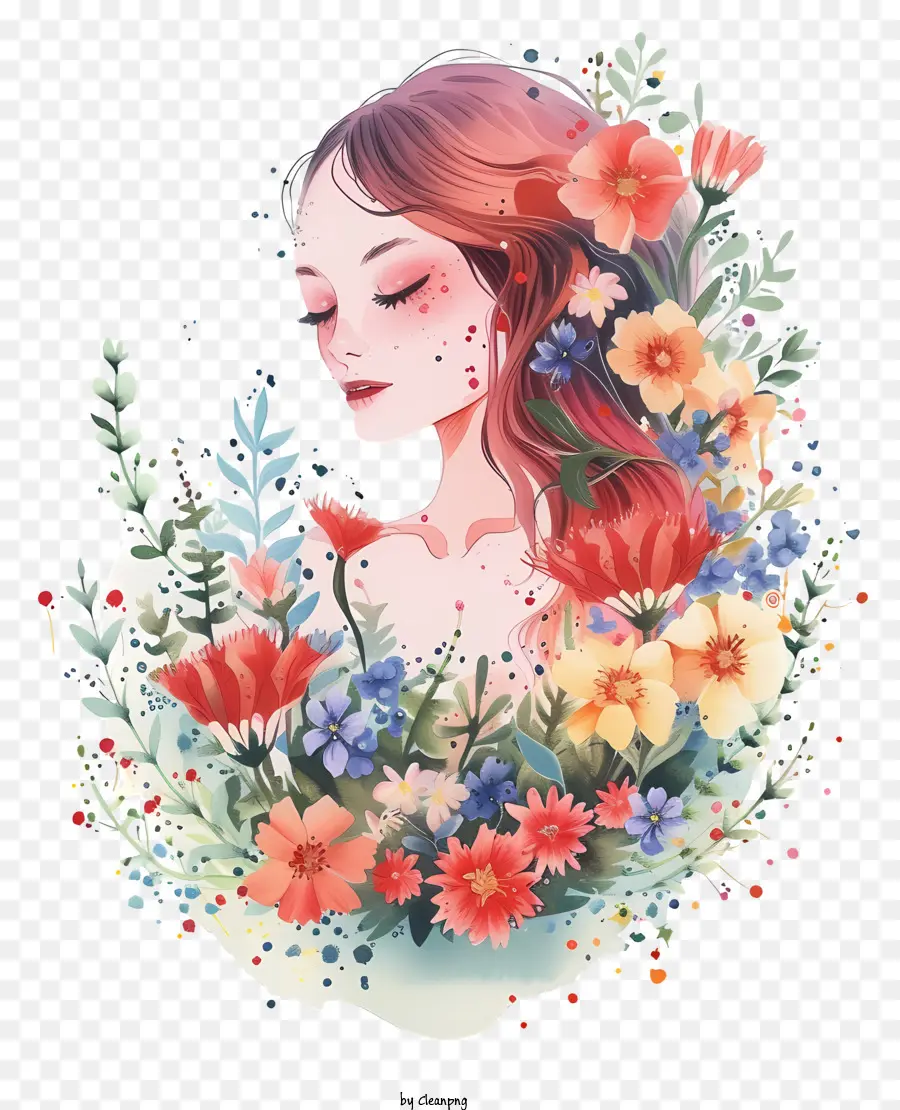 Mujer Acuarela Y Flores，Mujer Joven PNG