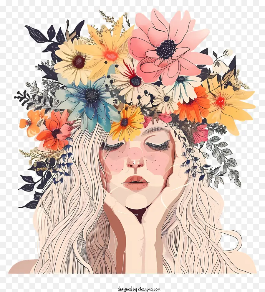 Mujer Y Flores Dibujadas A Mano，Chica Con Cabello Blanco Largo PNG