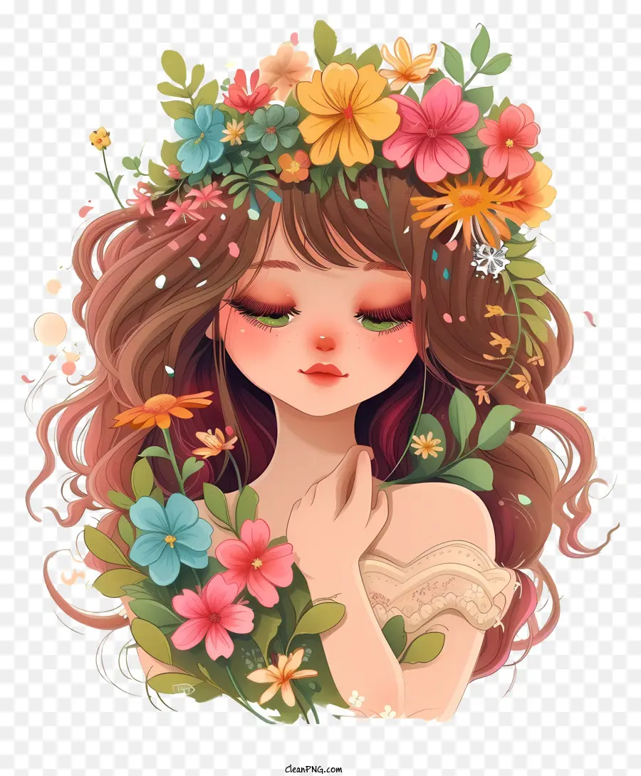 Dibujos Animados 3d Mujer Y Flores，Corona De Flores PNG