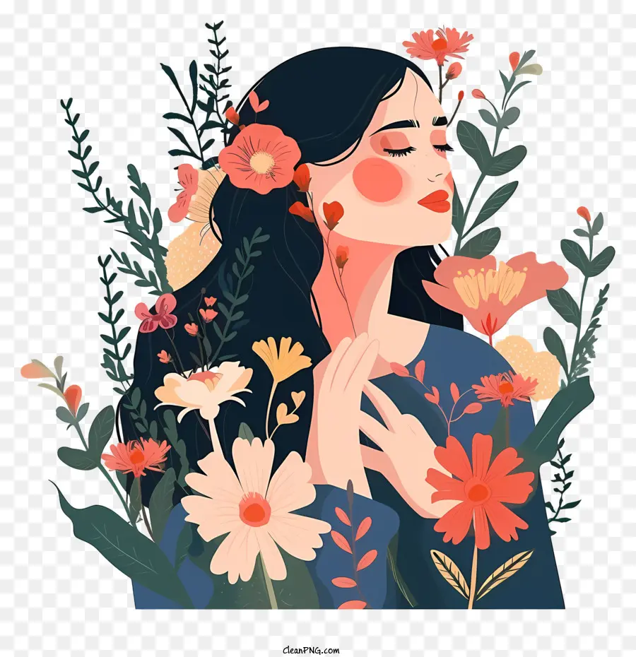 Mujer Y Flores Planas，Mujer Con Manos En El Pecho PNG