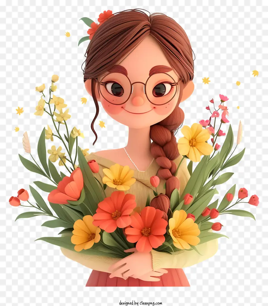 Caricatura 3d Mujer Y Flores，Chica PNG