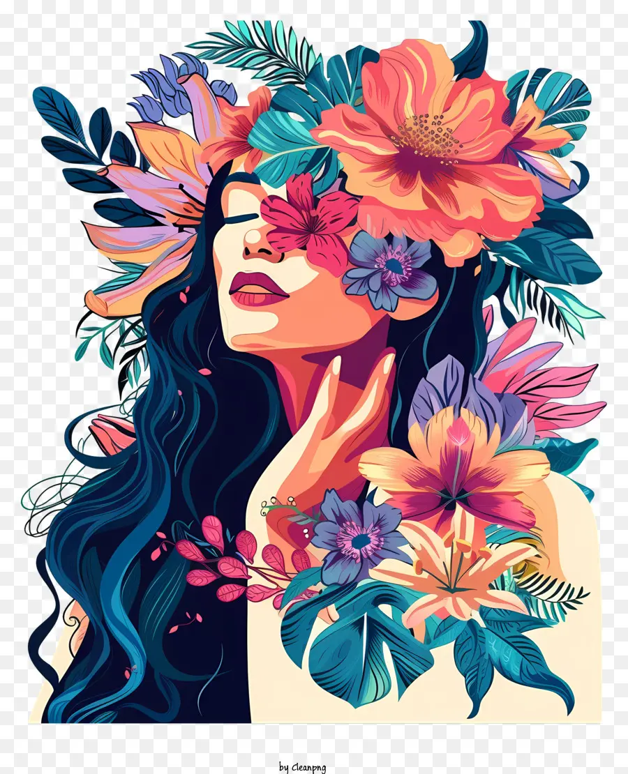 Diseño Gráfico Audaz Y Colorido，La Mujer Y Las Flores PNG