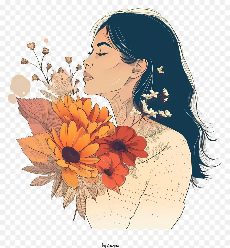 Diseño De Personajes De Dibujo Vectorial，La Mujer Y Las Flores PNG