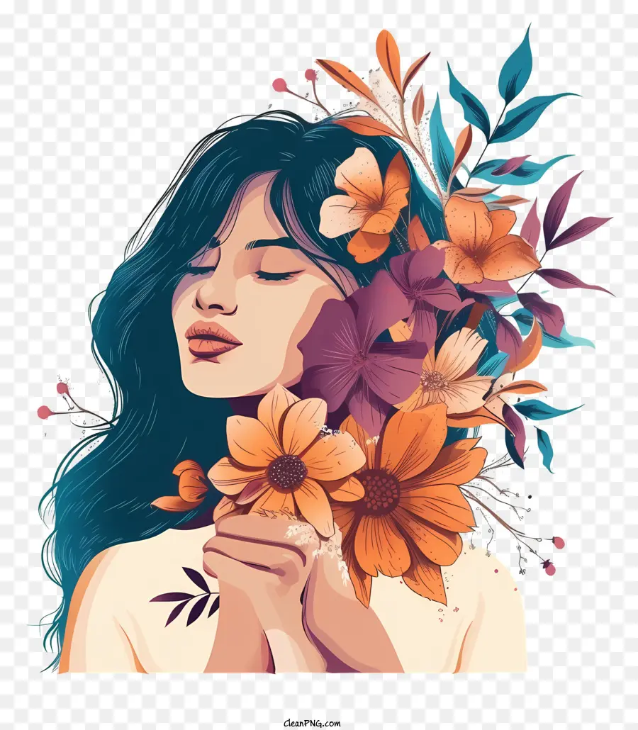 Diseño De Personajes De Dibujo Vectorial，La Mujer Y Las Flores PNG