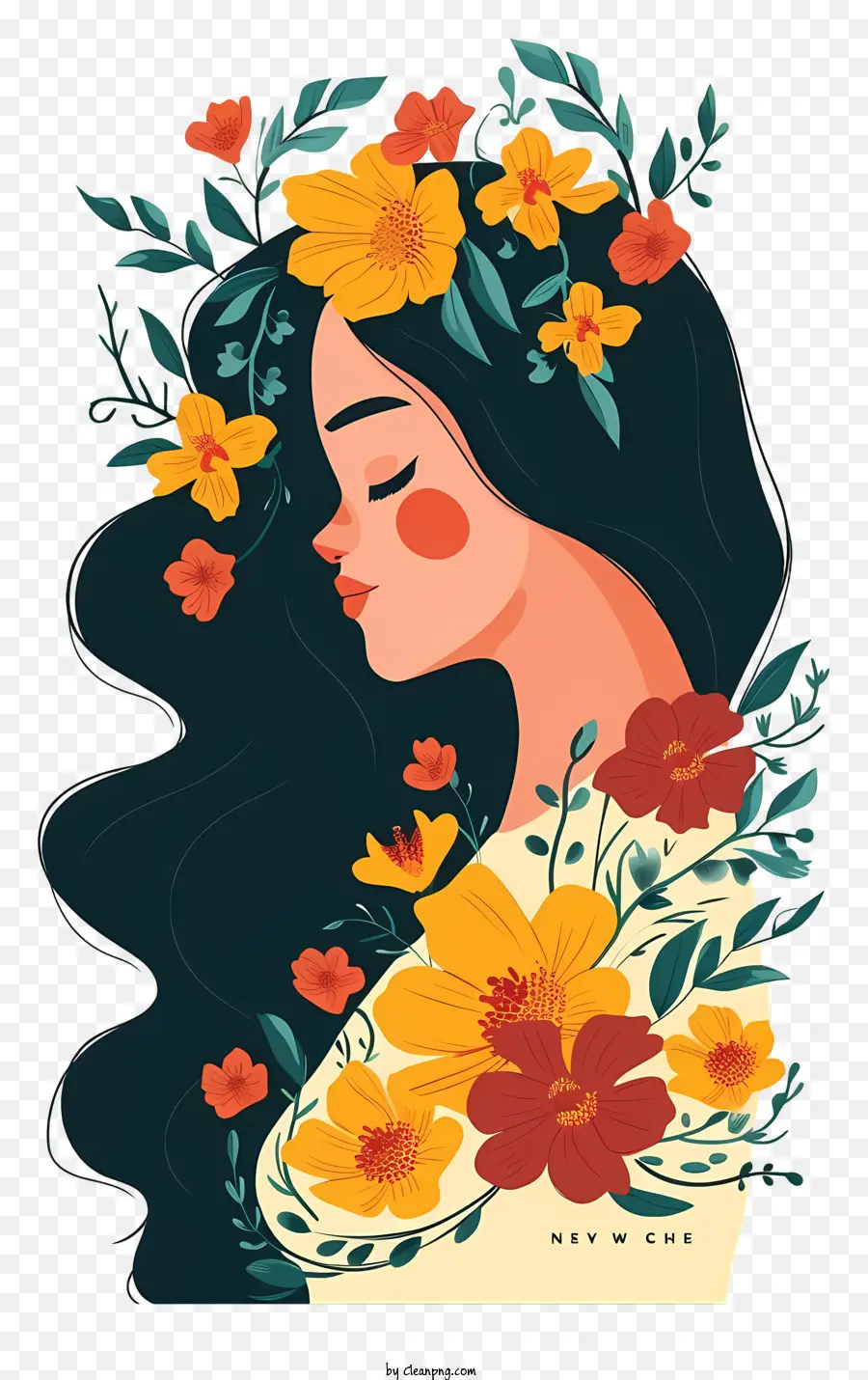 Mujer Y Flores Planas，Pintura Digital PNG