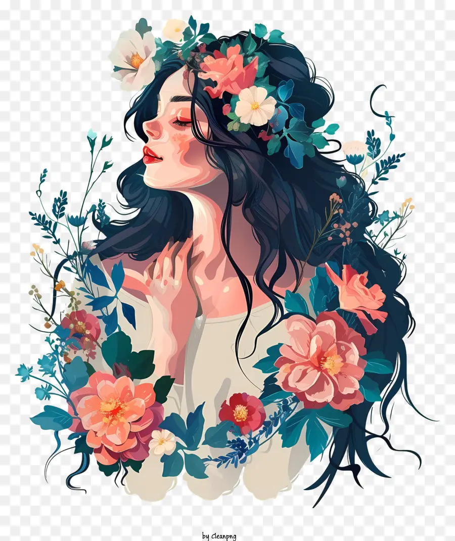 Mujer Y Flores Arte Vectorial Simplista，Mujer Con El Pelo Largo PNG