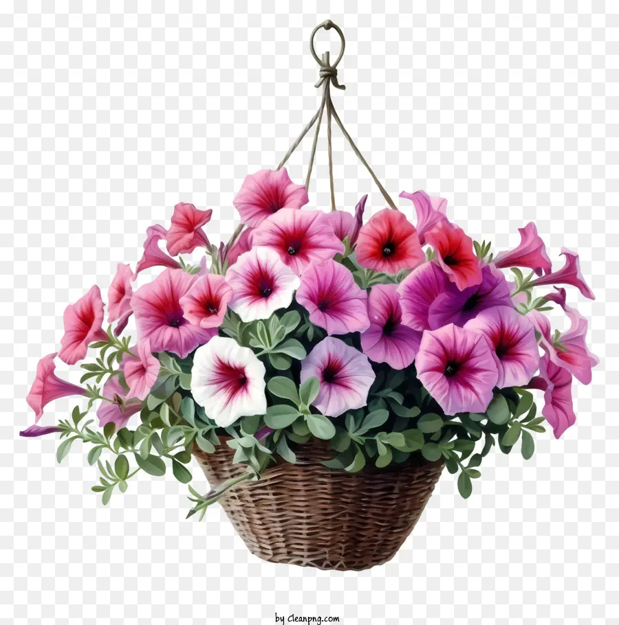 Acuarela Elegante Petunia Flower Hanging Canasta，Canasta Tejida PNG