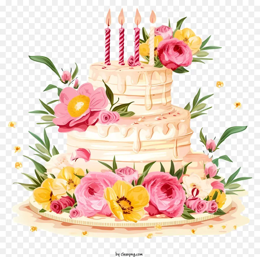 Pastel De Cumpleaños Y Flores Diseño De Dibujo Vectorial，Torta De Cumpleaños PNG