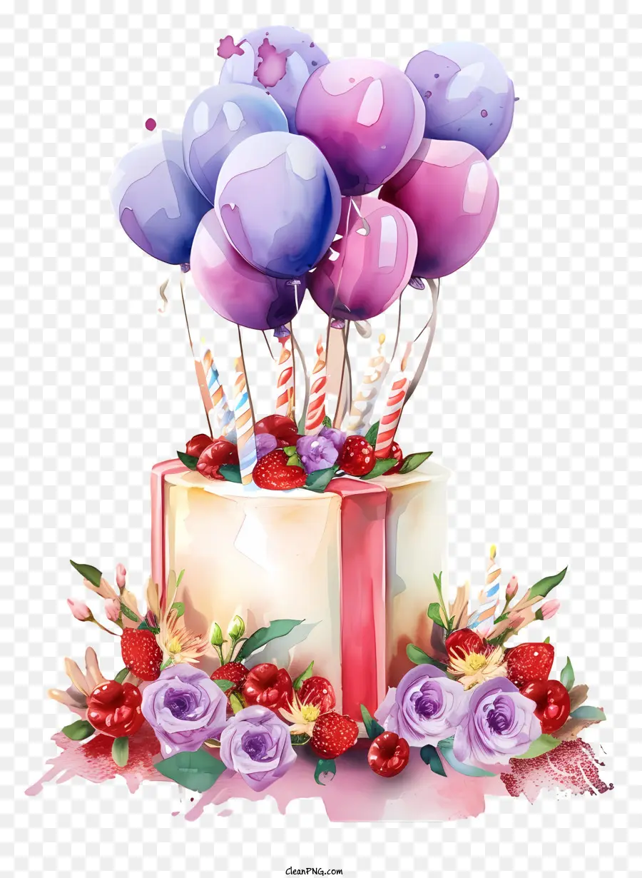 Decoración De Cumpleaños De Acuarela，Pastel De Cumpleaños PNG