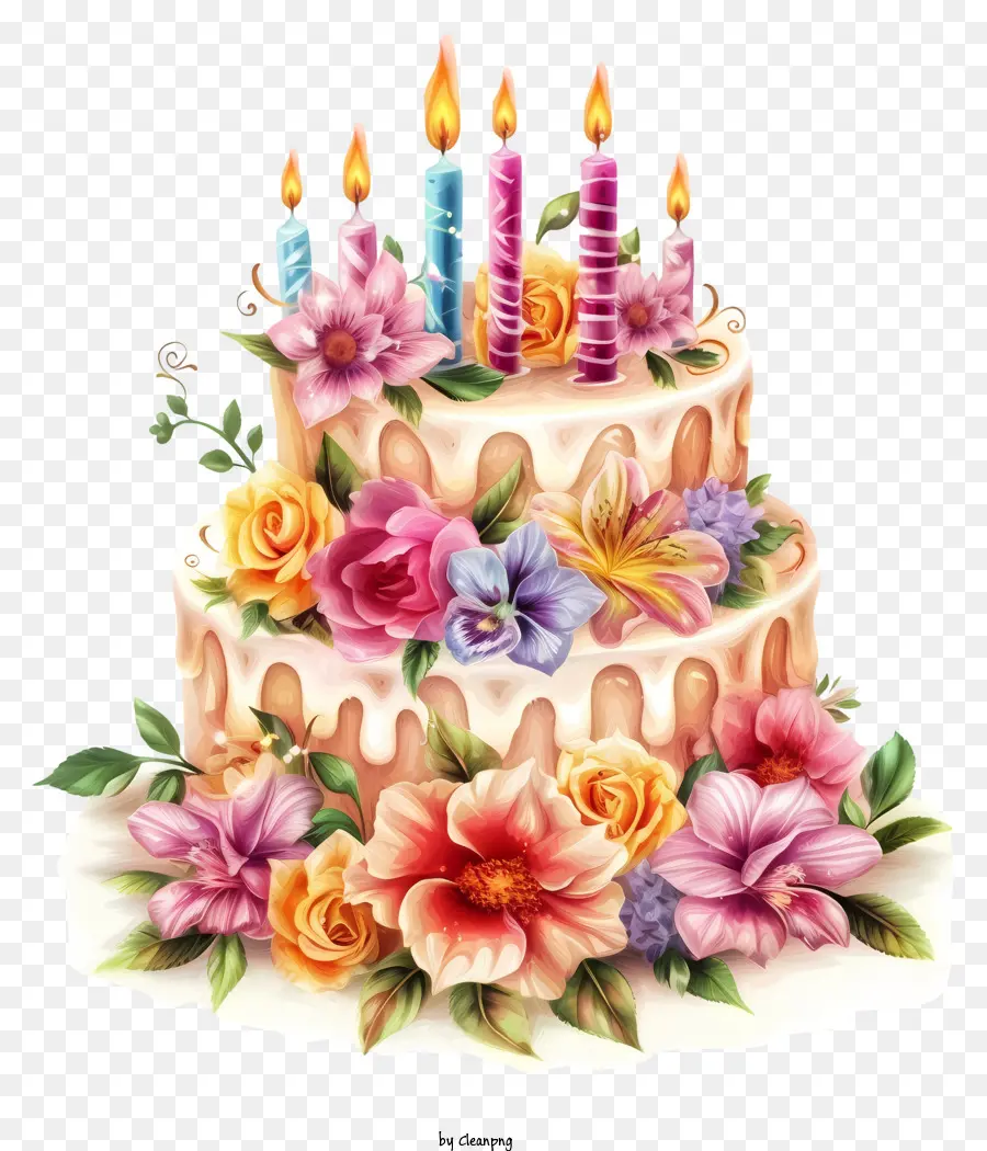 Pastel De Cumpleaños Y Flores Vector 3d，Pastel De Cumpleaños PNG