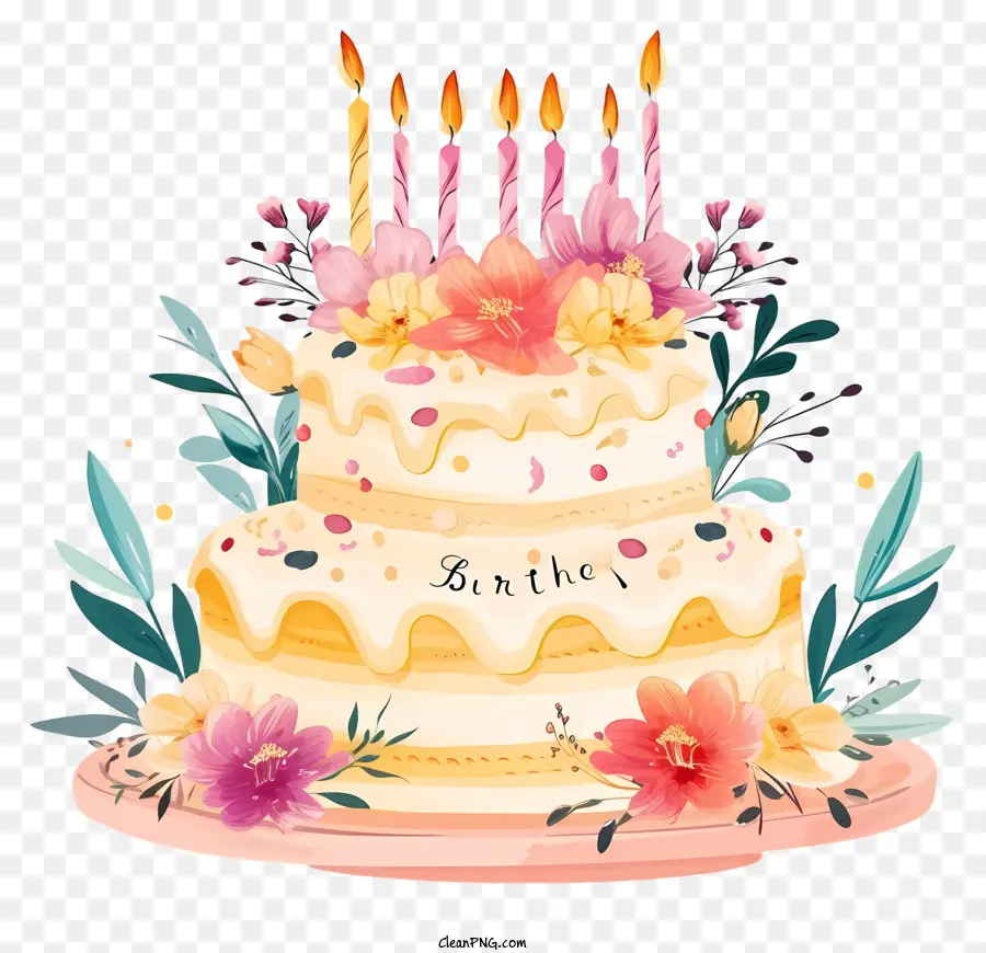 Pastel De Cumpleaños De Dibujos Animados Y Flores，Pastel De Cumpleaños PNG