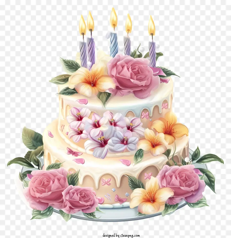 Pastel De Cumpleaños Plano Y Flores，Pastel De Cumpleaños PNG